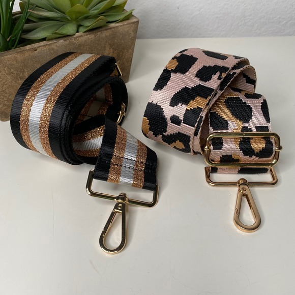 Accessories - Set of 2 Adjustable Purse Straps Leopard Animal Print and Glitter Stripe Gold
